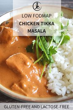 chicken tikka masala in a bowl with rice and cilantro on the side