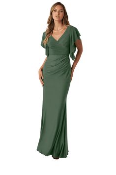 a woman in a long green dress