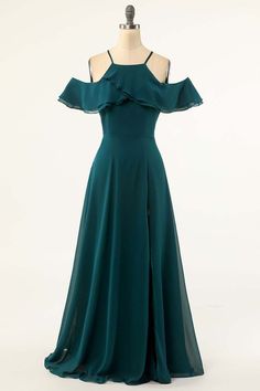 Modsele hunter green chiffon bridesmaid dress features cold-shoulder ruffled neckline, and long gather skirt. Hidden zipper back.#wedding#bridesmaid#bridesmaiddresses Long Simple Dress, Ruffles Bridesmaid Dresses, Mother Wedding Dress, Evening Dresses Cocktail, Simple Dress, Sophisticated Dress, Green Prom Dress, Turquoise Green, Turquoise Color