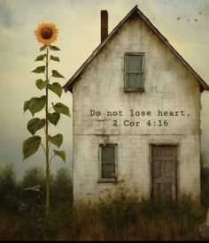 a painting of a house with a sunflower in the foreground and words written on it