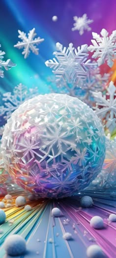 snowflakes and balls are floating in the air on a colorful background with multicolored lines