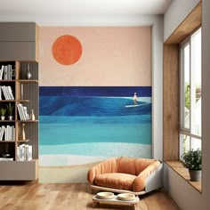 a living room with a painting on the wall next to a chair and bookshelf