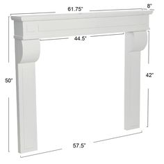 a white fireplace mantel with measurements for the top and bottom part of it,