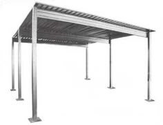 an outdoor covered area with metal posts and poles on the sides, against a white background