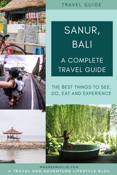 the cover of a travel guide for sanur, bali with images of people riding bikes and