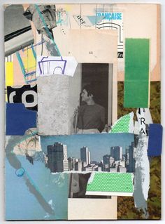 an altered collage with various pictures and words on it's side, including buildings