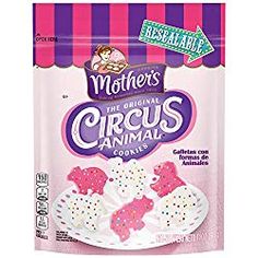 mother's the original circus animal crackers, pink and white polka dot cookies