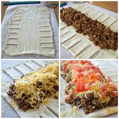 four pictures showing different stages of making tortilla shells with meat and cheese on them