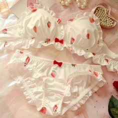 Strawberry Print White Ruffle 2-piece Kawaii Princess Lolita Nymphet Lingerie Set Dr Mundo, Strawberry Cute, Deer Doll, Silk Bra, Club Outfits For Women, Mori Girl Fashion, Breast Reduction, Cute Bras, Cute Lingerie