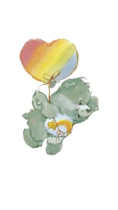 a drawing of a teddy bear holding a heart shaped balloon in the shape of a rainbow