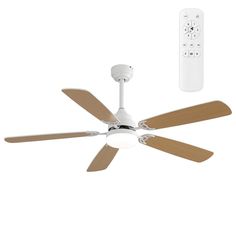 a white ceiling fan with two remotes attached to it and a light on the side