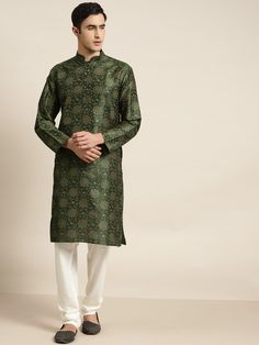 Color_Green Off White Churidar, White Churidar, Cotton Silk Fabric, Men's Ethnic Wear, Indian Kurta, Ethnic Looks, Ethnic Outfits, Looking Dapper, Cotton Bottoms