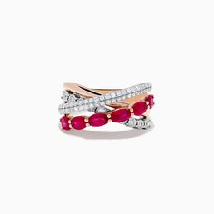 Effy Ruby Royale 14K Two-Tone Gold Ruby and Diamond Crossover Ring Ruby Band Ring, Ruby Diamond Pendant, Diamond Crossover Ring, Crossover Diamond Ring, Ruby And Diamond Necklace, Ruby Earrings Studs, Ruby Bands, Diamond Huggie Earrings, Ruby Ring Gold