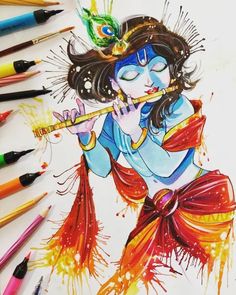 a drawing of a woman playing flute with colored pencils on the table next to it