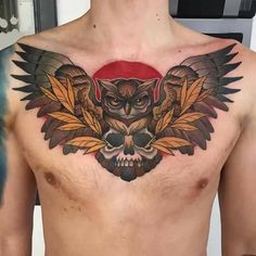 a man with an owl tattoo on his chest