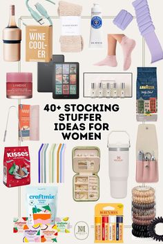 the top ten stocking stuff for women is shown in this collage with text that reads, 40 stocking stuff ideas for women