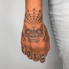 a person's hand with a spider web tattoo on it and a skull in the middle