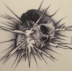 a drawing of a skull breaking through the wall