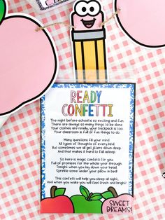 an apple themed ready confetti recipe is displayed on a checkered tablecloth