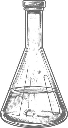 a glass flask filled with liquid on top of a white background, vintage line drawing or engraving