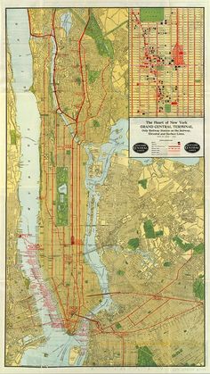 an old map of the city of new york, with roads and streets in red