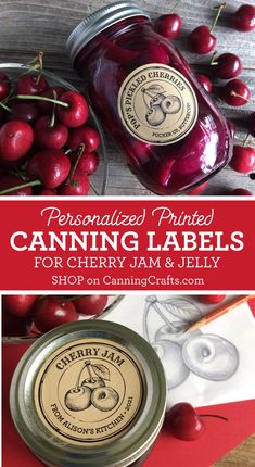 personalized canned canning labels for cherry jam and jelly, with cherries in the background