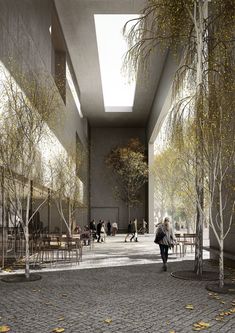 people are walking through an open courtyard with tables and chairs on the ground, surrounded by trees