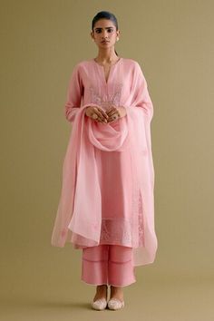 Pink silk chanderi straight kurta with intricate floral thread and sequin embroidery. Paired with a palazzo and silk organza dupatta. - Aza Fashions Elegant Unstitched Suit With Cutdana, Wedding Salwar Kameez In Cotton Silk, Chanderi Sharara For Formal Occasions, Semi-stitched Kurta For Formal Occasions, Semi-stitched Formal Kurta, Formal Palazzo Set With Traditional Drape, Festive Formal Kurta, Kurta And Palazzo, Women Kurta