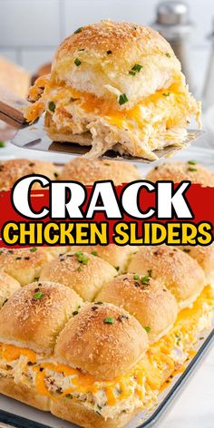 Crack Chicken Sliders are made with a cheesy, creamy combination of shredded chicken, bacon, cheese, and ranch seasoning stuffed between the slices of soft Hawaiian rolls and baked into bite-sized sandwiches. Simple to assemble in 10 minutes, this easy-to-make snacking slider is the perfect party food, game day appetizer, or mini meal. Cracked Chicken Sandwiches, Instapot Buffalo Chicken Sliders, Garlic Parmesan Chicken Sliders On Hawaiian Rolls, Chicken Ranch Sliders Recipes, Chicken Sliders With Rotisserie Chicken, Canned Chicken Sliders Recipes, Down Under Chicken Sliders, Sliders Recipes Hawaiian Rolls Rotisserie Chicken, Pulled Chicken Sliders Recipes