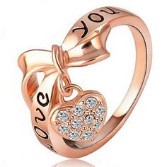 Black Enamel Love You Ring Heart Bow 18K Rose Gold Plate Austrian Crystal SWA Element Rings Word Ring Rose Gold Heart Ring, Word Ring, Rose Gold Plated Ring, Gold Heart Ring, Knuckle Ring, Letter Ring, Heart Shaped Rings, Rose Gold Heart, Rhinestone Bow