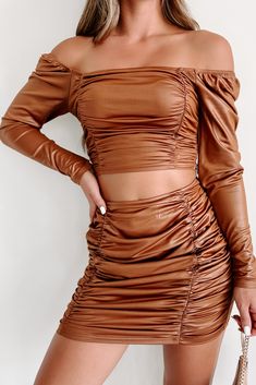 Sound Off Ruched Crop Top & Mini Skirt Set (Brown) - NanaMacs Fitted Ruched Skirt For Fall, Stretch Brown Mini Skirt For Fall, Chic Ruched Skirt For Fall, Brown Mini Skirt For Fall Party, Fitted Brown Mini Skirt For Fall, Brown Stretch Skirt For Fall, Brown Fitted Mini Skirt For Fall, Chic Brown Mini Skirt For Party, Brown Skirt For Fall Night Out