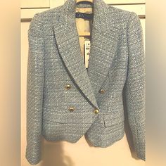 This Gorgeous Double Breasted Tweed Blazer Is Adorned With Gold Buttons. It Is Not An Oversized Blazer, It Is A Classic Fitted Blazer Which Hits At The Hips. It’s Baby Blue In Color With Hints Of Navy And Cream And The Thick Tweed Pattern Makes It So Versatile It Can Take You Through The Winter Into The Spring. It Really Can Class Up Jeans Or Polish Up Trousers. Ask Any Questions! Chic Blue Tweed Jacket For Winter, Chic Blue Tweed Fall Dress, Chic Blue Tweed Dress For Fall, Chic Zara Tweed Blazer, Casual Tweed Blazer By Zara, Zara Fitted Tweed Jacket, Zara Tweed Jacket For Spring, Chic Zara Tweed Jacket, Casual Zara Tweed Jacket