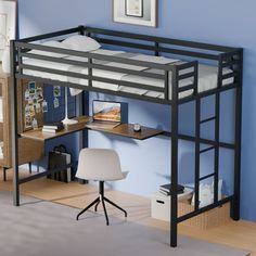 a loft bed with desk underneath it in a room that has blue walls and hardwood floors