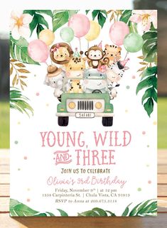 an animal themed birthday party with balloons and animals on the back of a blue truck