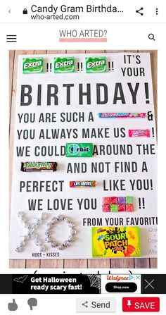 a birthday card with candy and candies on it, next to an advert