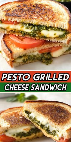 grilled cheese sandwich with pesto and tomato on it is shown in two different views