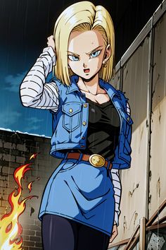 an anime character with blonde hair and blue eyes standing in front of a brick wall