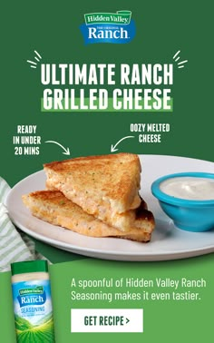 an advertisement for grilled cheese on a plate next to a bottle of ranch dressing