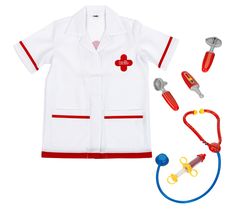 a toy doctor's uniform and accessories are shown in this image, including a stethoscope