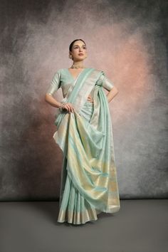 Saree Fabric : Tissue Cotton Saree Color : Mint Green Saree Length : 5.5 Meter Blouse Length : 0.8 Meter Saree Work : Zari Woven Stripes Saree Border : Zari Woven Border Wash : Dry Clean Tissue Silk Pista Green Blouse Piece, Elegant Semi-stitched Dress With Zari Weaving, Elegant Fitted Dresses With Zari Weaving, Silk Dresses With Zari Weaving, Elegant Art Silk Dresses With Zari Weaving, Yellow Silk Saree, Saree Yellow, Saree Work, Saree With Belt