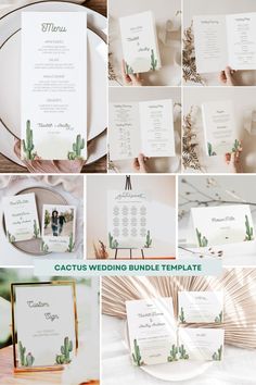 wedding stationery and menus with cactus theme in white, green and gold colors