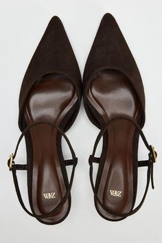 SUEDE KITTEN HEEL SLINGBACKS - Brown | ZARA United States Kitten Heel Slingbacks, Slingback Shoes, Leather Shirt, Slingbacks, Slingback Heel, Shoe Obsession, Kitten Heel, Shoes Trainers, Work Shoes