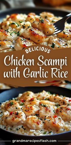 chicken scampi with garlic rice in a skillet