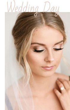 a woman wearing a veil and makeup with the words wedding day written in front of her