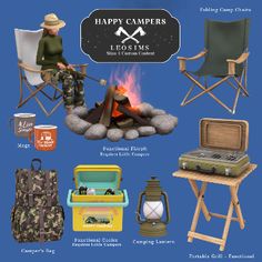 an image of happy campers items for the camping season with text overlaying it