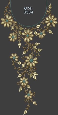 the back side of a necklace with flowers and leaves in gold on a black background