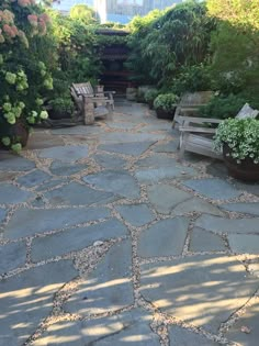 a stone walkway with benches and potted plants