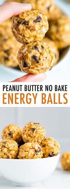 peanut butter no bake energy balls are stacked in a white bowl with text overlay