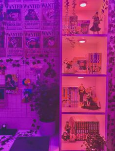 a purple lit room with bookshelves filled with figurines and plants on the shelves