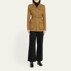 FRAME "Safari" cotton jacket featuring flap pockets with tonal buttons  Notched lapels Single-breasted front Epaulets Long sleeves Belted waist  Tailored fit Vented back Button-front Cotton Dry clean Imported Fall Utility Blazer With Flap Pockets, Military Utility Jacket With Buttoned Pockets For Fall, Fall Khaki Blazer With Flap Pockets, Workwear Utility Jacket With Flap Pockets And Lapel Collar, Fitted Utility Jacket With Welt Pockets, Double-breasted Utility Jacket With Pockets For Fall, Khaki Collared Blazer For Work, Fall Double-breasted Utility Jacket With Pockets, Winter Utility Jacket With Flap Pockets For Workwear